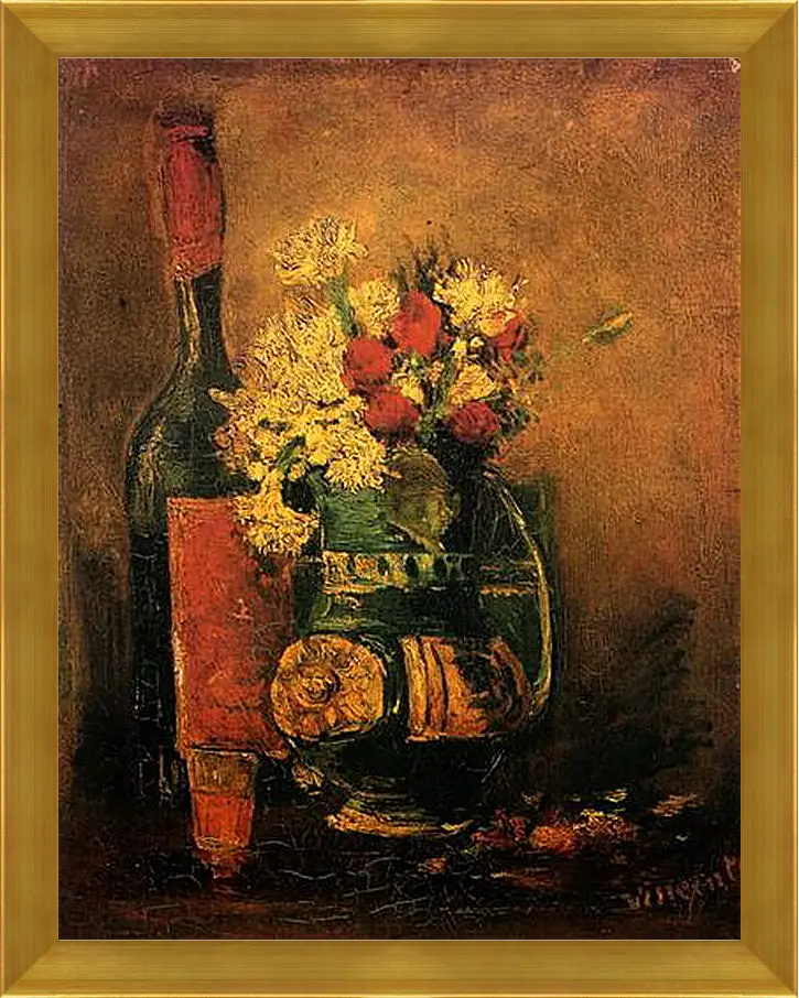 Картина в раме - Vase with Carnations and Roses and a Bottle. Винсент Ван Гог