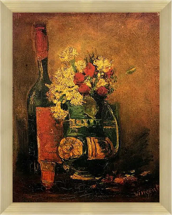 Картина в раме - Vase with Carnations and Roses and a Bottle. Винсент Ван Гог
