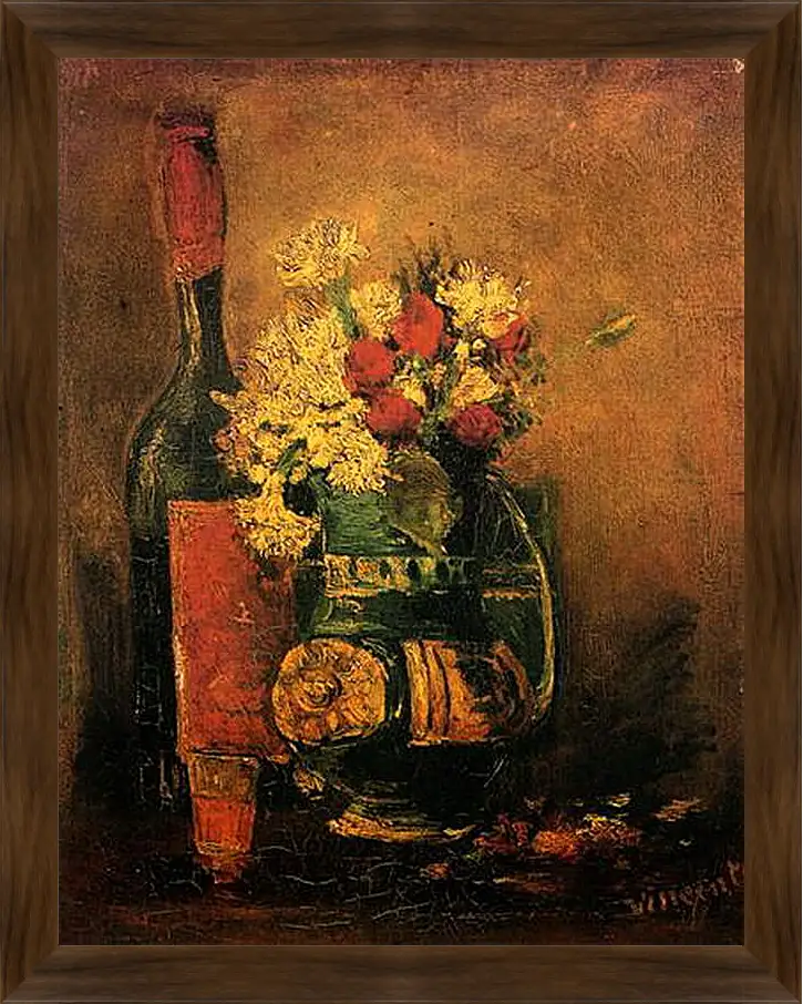 Картина в раме - Vase with Carnations and Roses and a Bottle. Винсент Ван Гог
