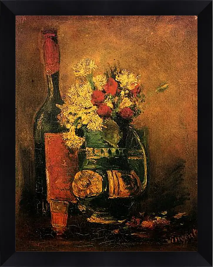 Картина в раме - Vase with Carnations and Roses and a Bottle. Винсент Ван Гог