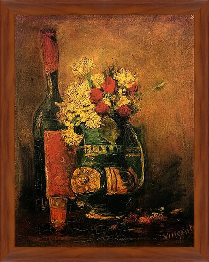 Картина в раме - Vase with Carnations and Roses and a Bottle. Винсент Ван Гог