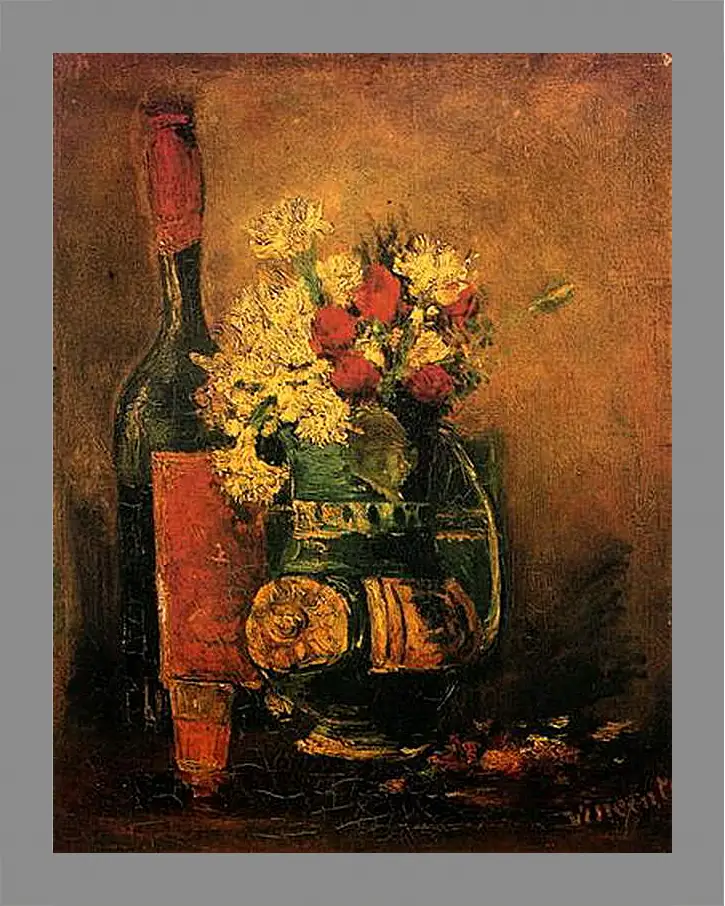 Картина в раме - Vase with Carnations and Roses and a Bottle. Винсент Ван Гог