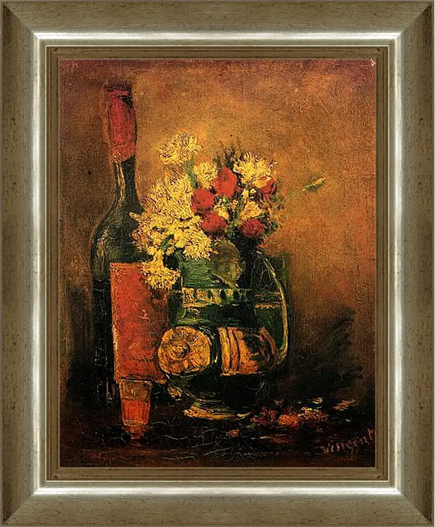 Картина в раме - Vase with Carnations and Roses and a Bottle. Винсент Ван Гог