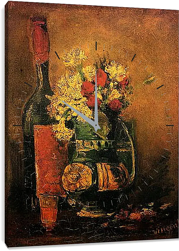 Часы картина - Vase with Carnations and Roses and a Bottle. Винсент Ван Гог