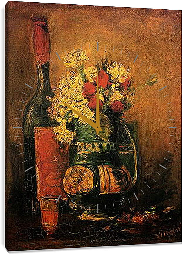 Часы картина - Vase with Carnations and Roses and a Bottle. Винсент Ван Гог