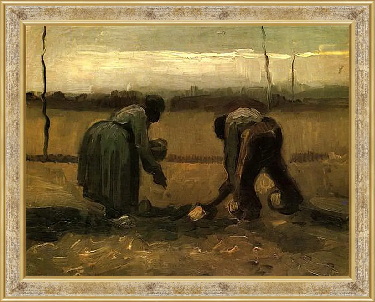 Картина в раме - Peasant and Peasant Woman Planting Potatoes. Винсент Ван Гог