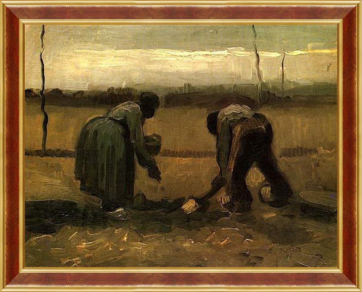 Картина в раме - Peasant and Peasant Woman Planting Potatoes. Винсент Ван Гог