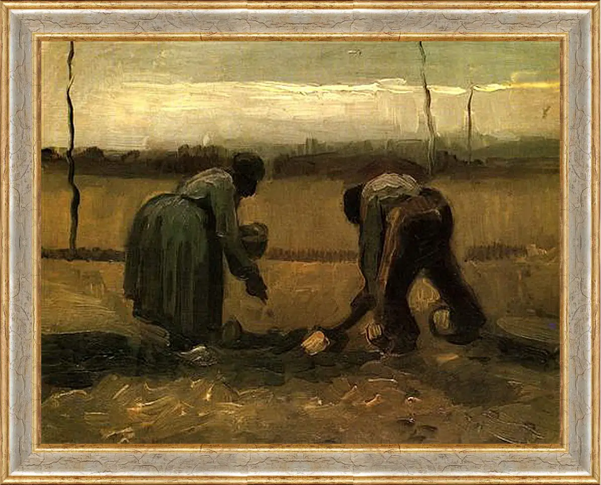 Картина в раме - Peasant and Peasant Woman Planting Potatoes. Винсент Ван Гог