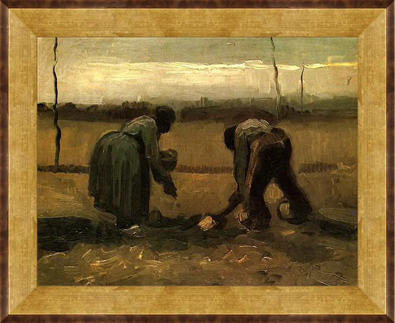 Картина в раме - Peasant and Peasant Woman Planting Potatoes. Винсент Ван Гог