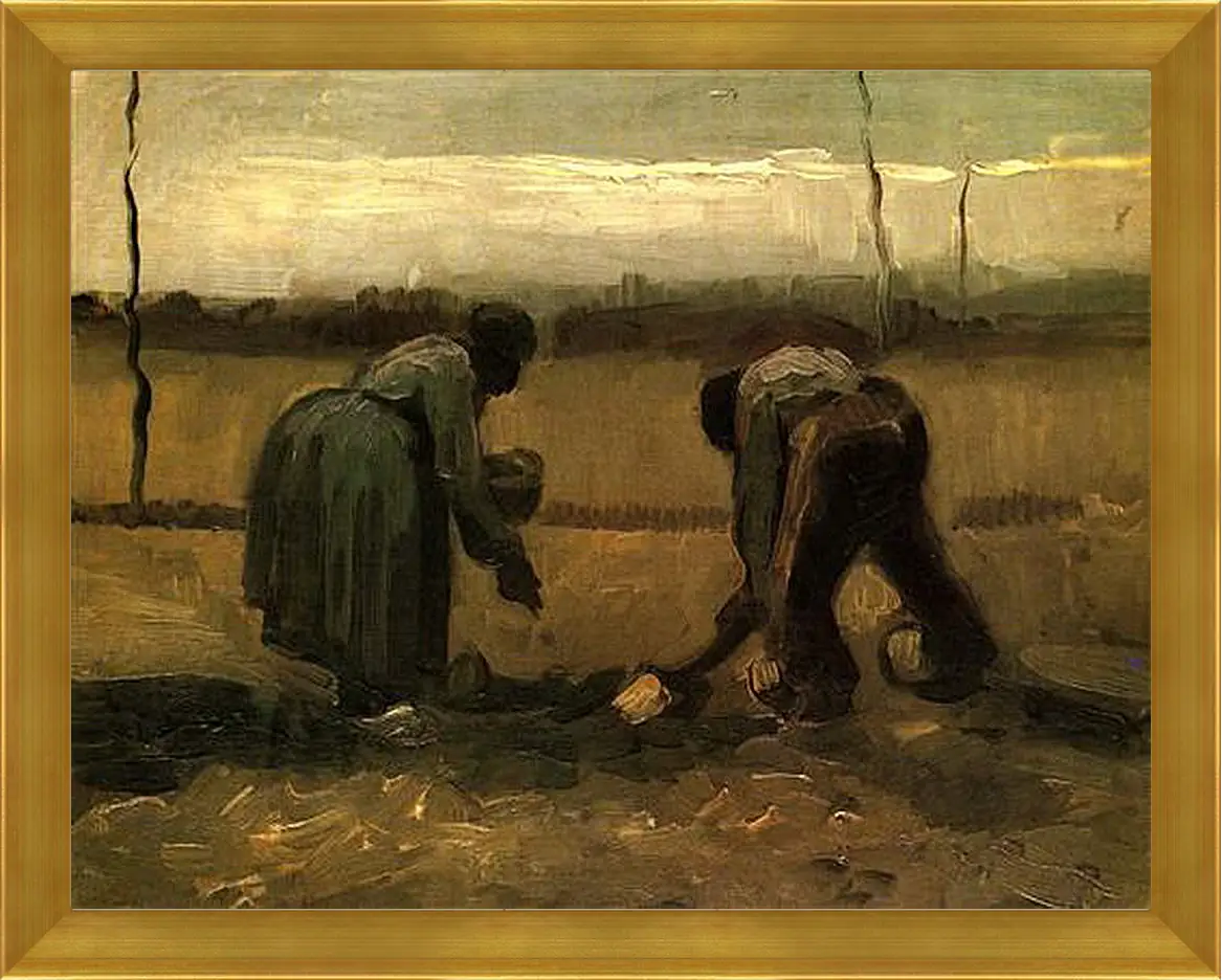 Картина в раме - Peasant and Peasant Woman Planting Potatoes. Винсент Ван Гог