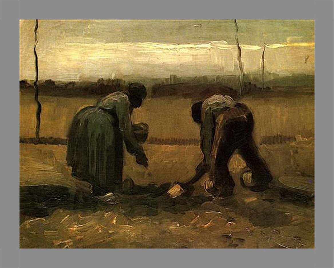 Картина в раме - Peasant and Peasant Woman Planting Potatoes. Винсент Ван Гог