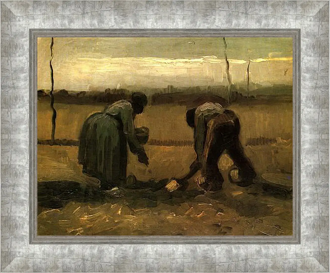 Картина в раме - Peasant and Peasant Woman Planting Potatoes. Винсент Ван Гог