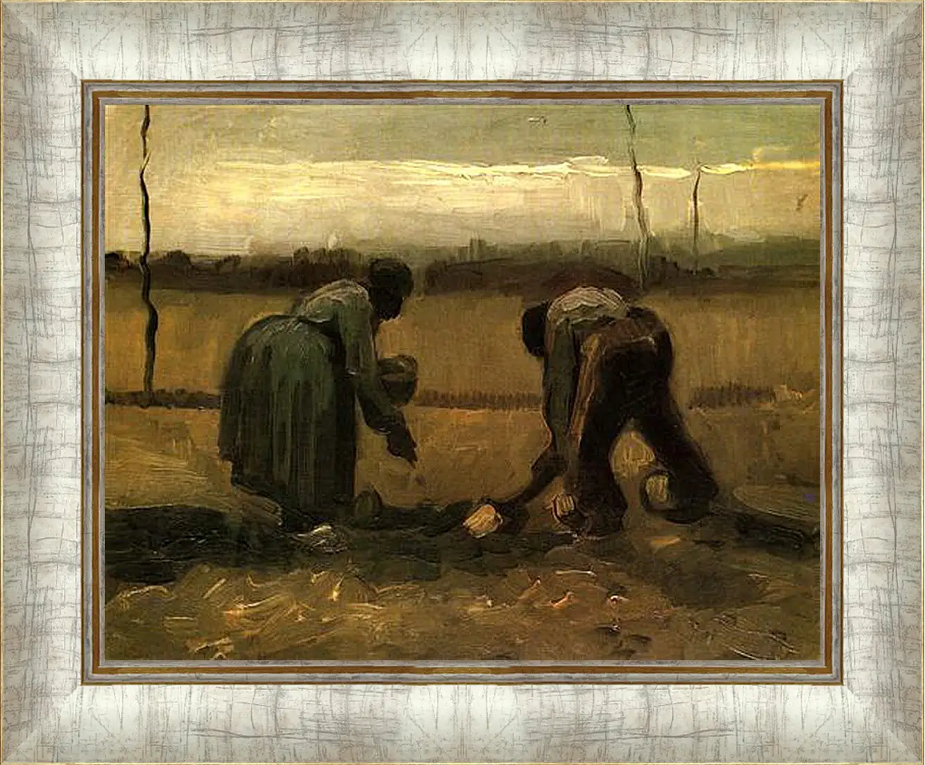 Картина в раме - Peasant and Peasant Woman Planting Potatoes. Винсент Ван Гог