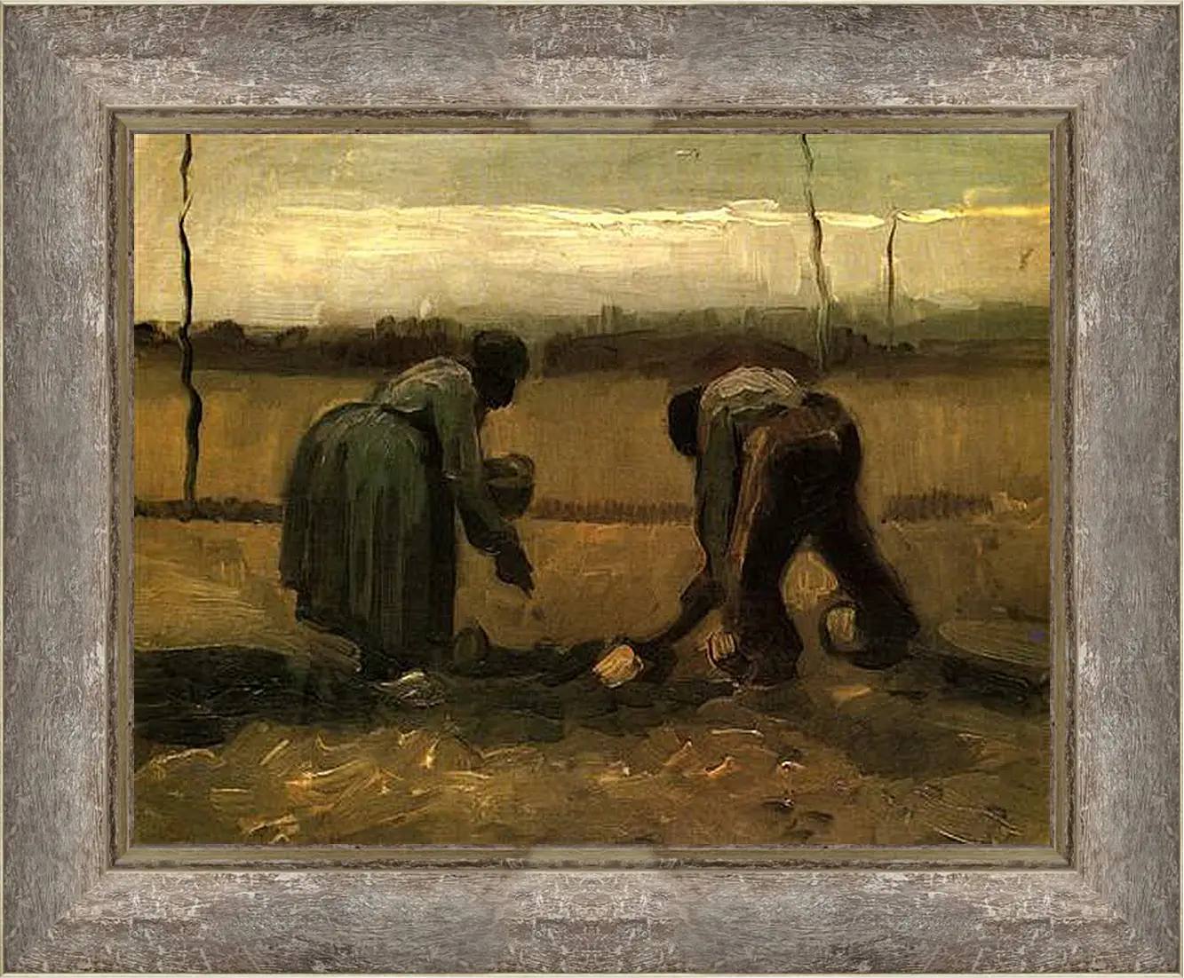 Картина в раме - Peasant and Peasant Woman Planting Potatoes. Винсент Ван Гог