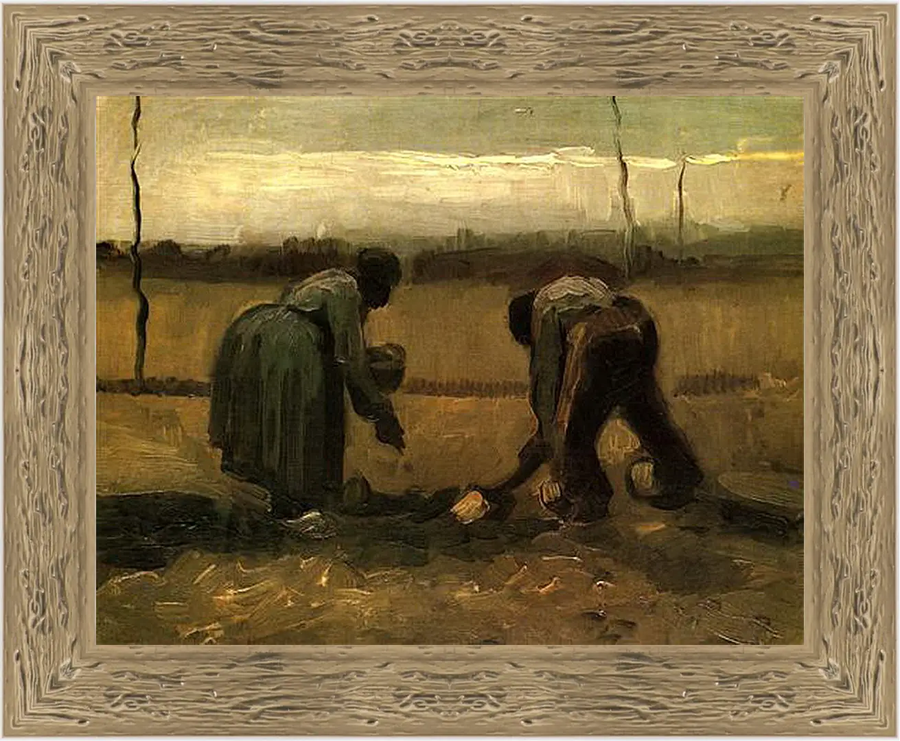 Картина в раме - Peasant and Peasant Woman Planting Potatoes. Винсент Ван Гог