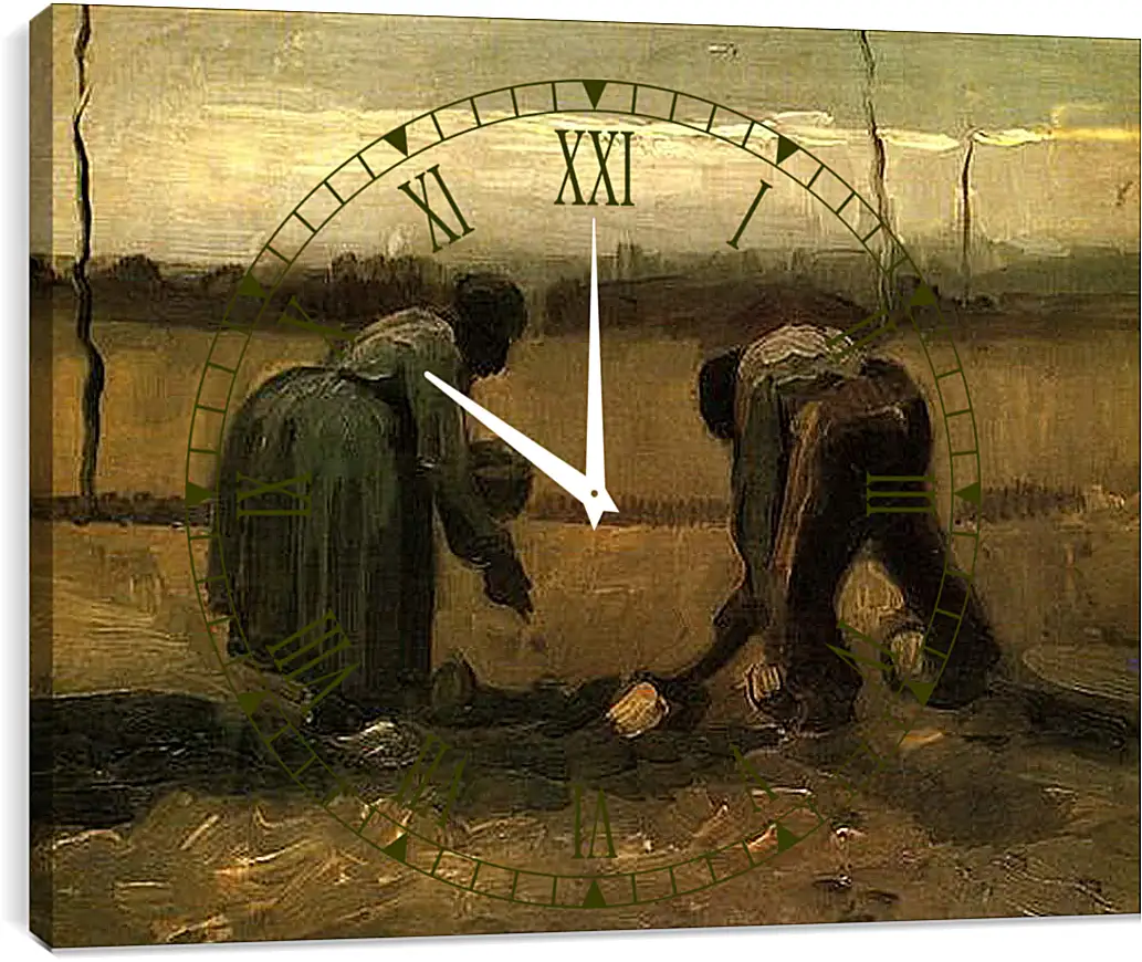 Часы картина - Peasant and Peasant Woman Planting Potatoes. Винсент Ван Гог