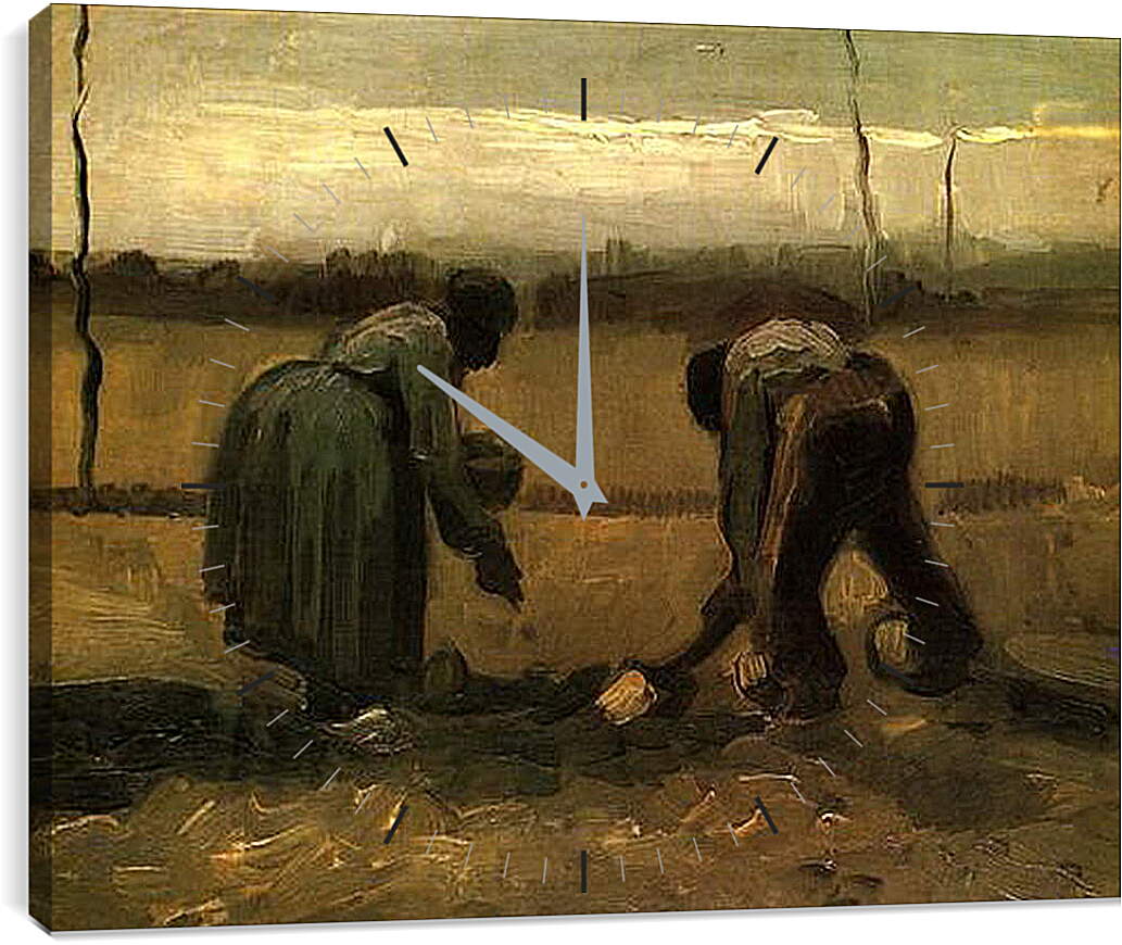 Часы картина - Peasant and Peasant Woman Planting Potatoes. Винсент Ван Гог
