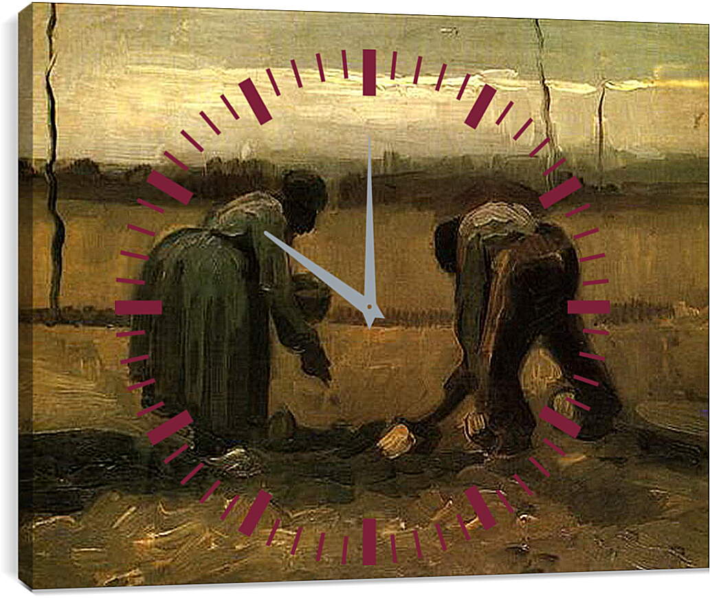Часы картина - Peasant and Peasant Woman Planting Potatoes. Винсент Ван Гог