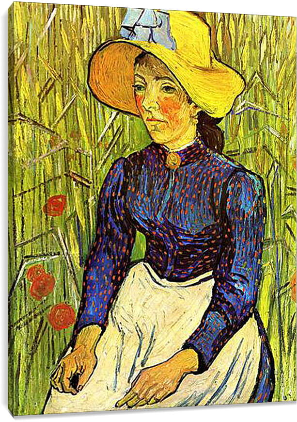 Постер и плакат - Young Peasant Woman with Straw Hat Sitting in the Wheat. Винсент Ван Гог