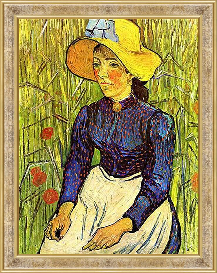 Картина в раме - Young Peasant Woman with Straw Hat Sitting in the Wheat. Винсент Ван Гог