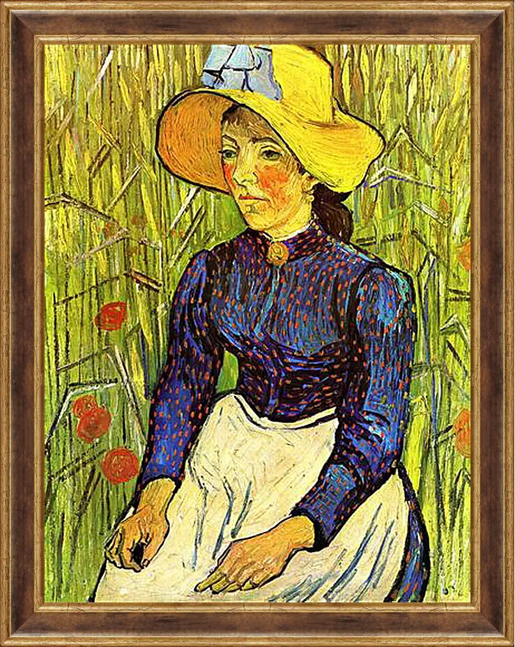 Картина в раме - Young Peasant Woman with Straw Hat Sitting in the Wheat. Винсент Ван Гог