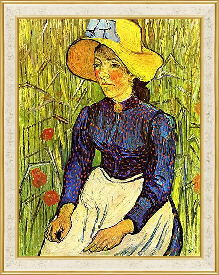 Картина в раме - Young Peasant Woman with Straw Hat Sitting in the Wheat. Винсент Ван Гог