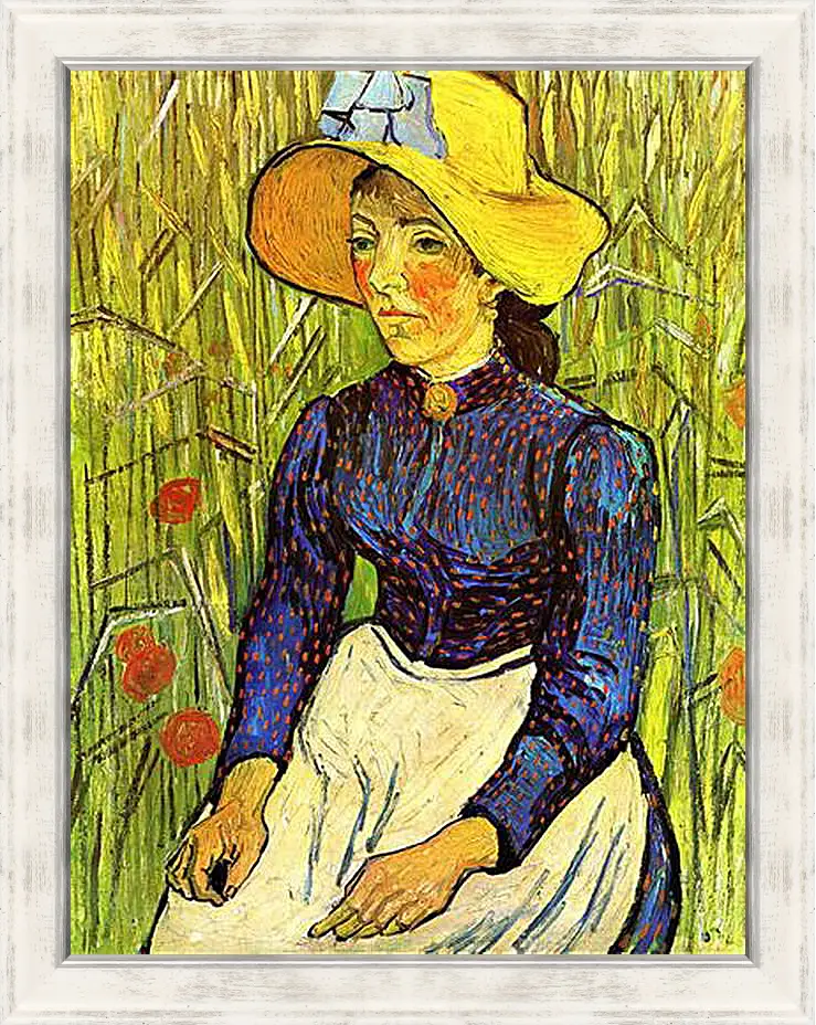 Картина в раме - Young Peasant Woman with Straw Hat Sitting in the Wheat. Винсент Ван Гог