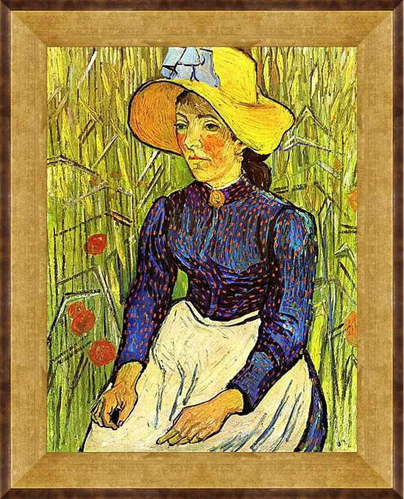 Картина в раме - Young Peasant Woman with Straw Hat Sitting in the Wheat. Винсент Ван Гог