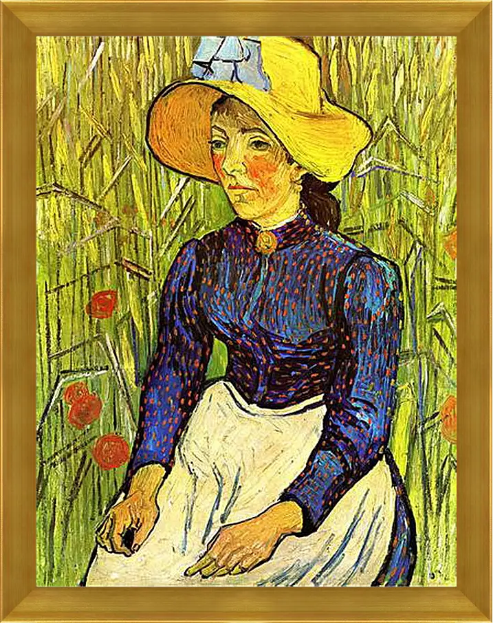 Картина в раме - Young Peasant Woman with Straw Hat Sitting in the Wheat. Винсент Ван Гог