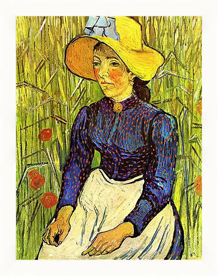 Картина в раме - Young Peasant Woman with Straw Hat Sitting in the Wheat. Винсент Ван Гог