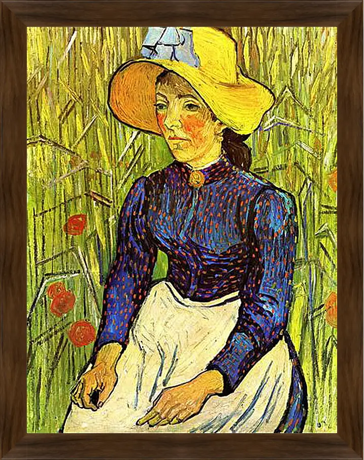 Картина в раме - Young Peasant Woman with Straw Hat Sitting in the Wheat. Винсент Ван Гог