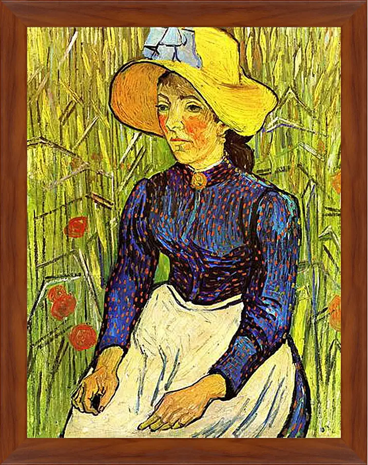 Картина в раме - Young Peasant Woman with Straw Hat Sitting in the Wheat. Винсент Ван Гог