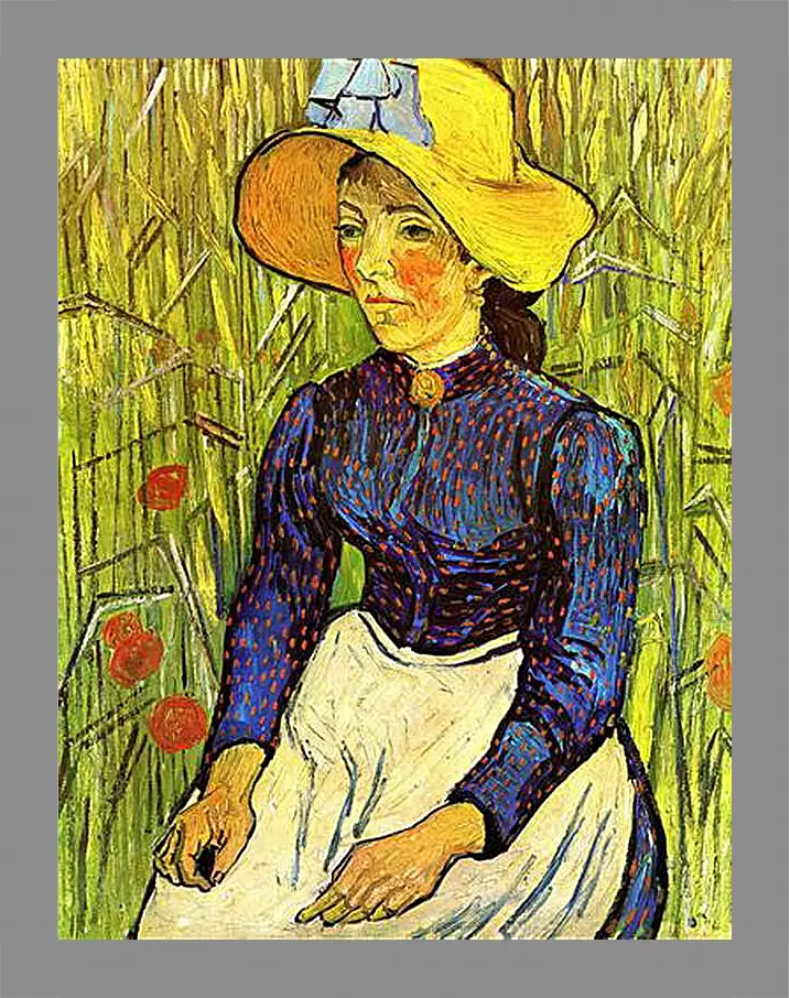 Картина в раме - Young Peasant Woman with Straw Hat Sitting in the Wheat. Винсент Ван Гог