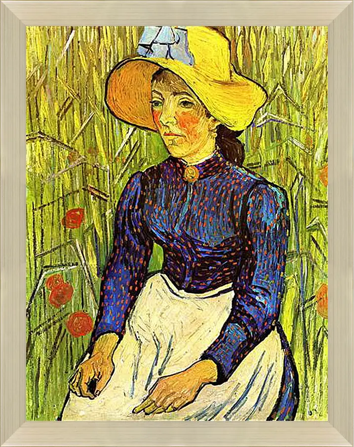 Картина в раме - Young Peasant Woman with Straw Hat Sitting in the Wheat. Винсент Ван Гог