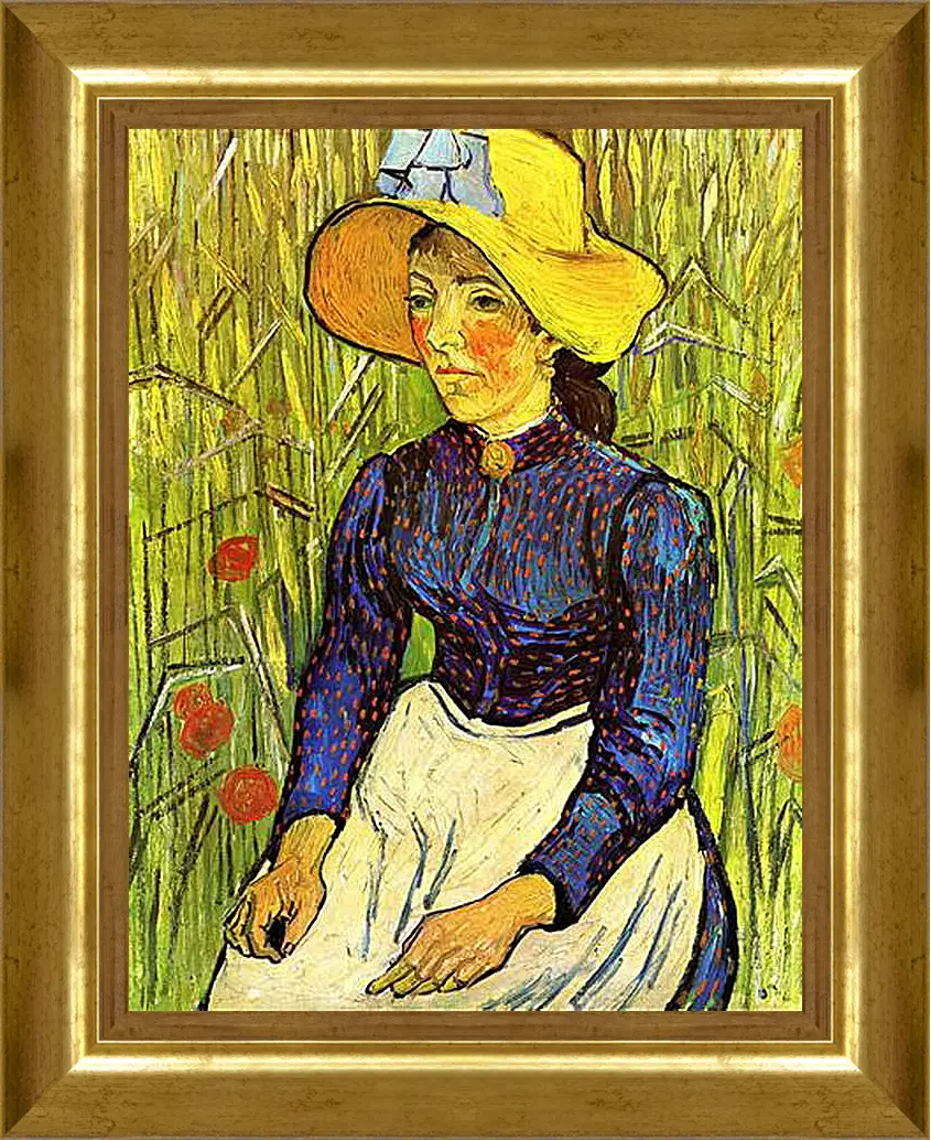 Картина в раме - Young Peasant Woman with Straw Hat Sitting in the Wheat. Винсент Ван Гог