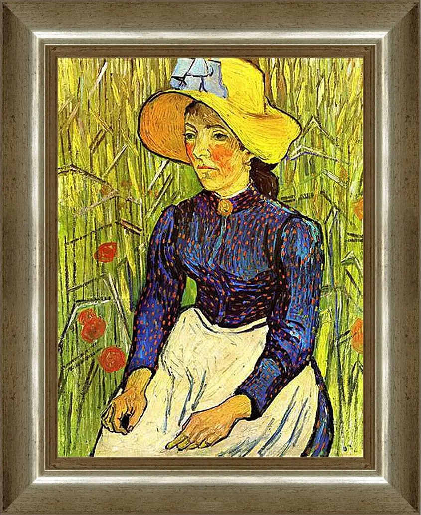 Картина в раме - Young Peasant Woman with Straw Hat Sitting in the Wheat. Винсент Ван Гог