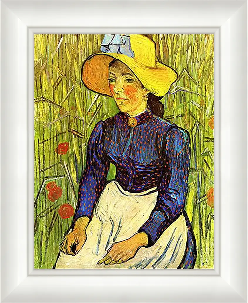 Картина в раме - Young Peasant Woman with Straw Hat Sitting in the Wheat. Винсент Ван Гог