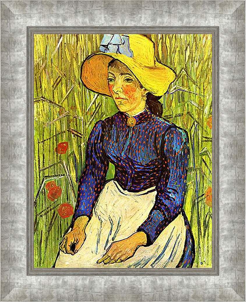 Картина в раме - Young Peasant Woman with Straw Hat Sitting in the Wheat. Винсент Ван Гог