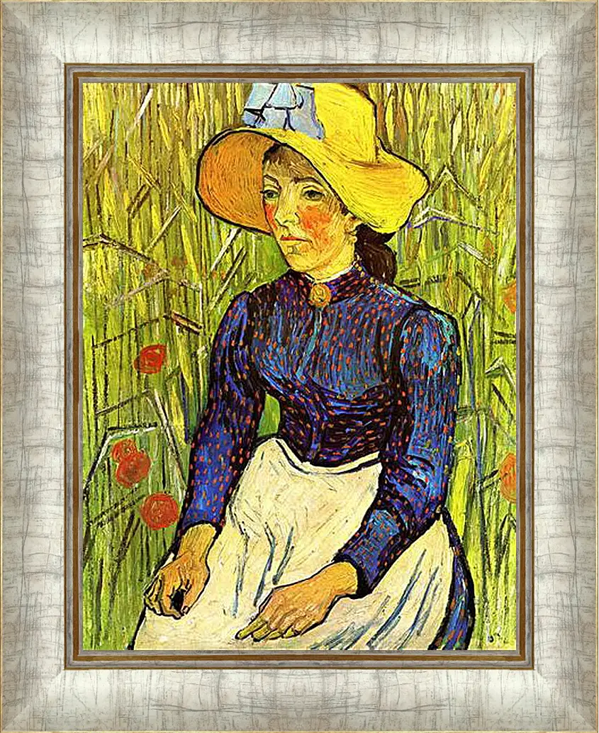 Картина в раме - Young Peasant Woman with Straw Hat Sitting in the Wheat. Винсент Ван Гог