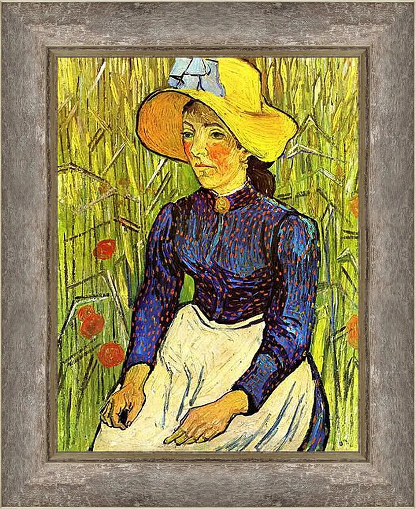 Картина в раме - Young Peasant Woman with Straw Hat Sitting in the Wheat. Винсент Ван Гог