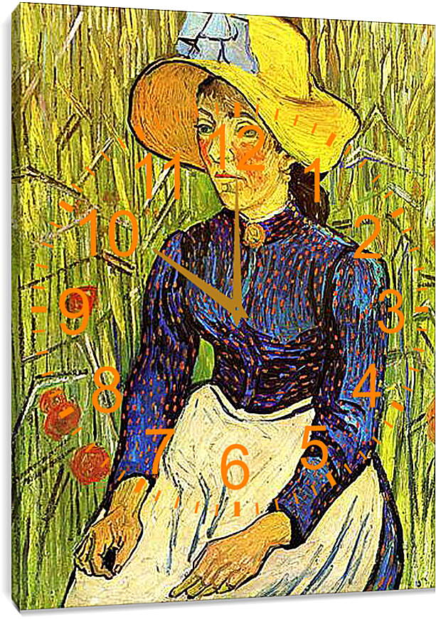 Часы картина - Young Peasant Woman with Straw Hat Sitting in the Wheat. Винсент Ван Гог
