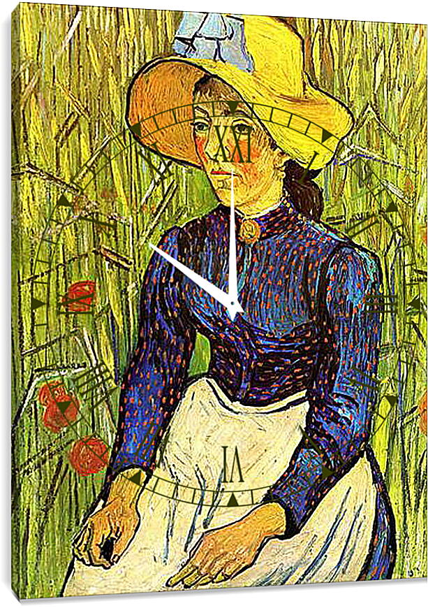 Часы картина - Young Peasant Woman with Straw Hat Sitting in the Wheat. Винсент Ван Гог