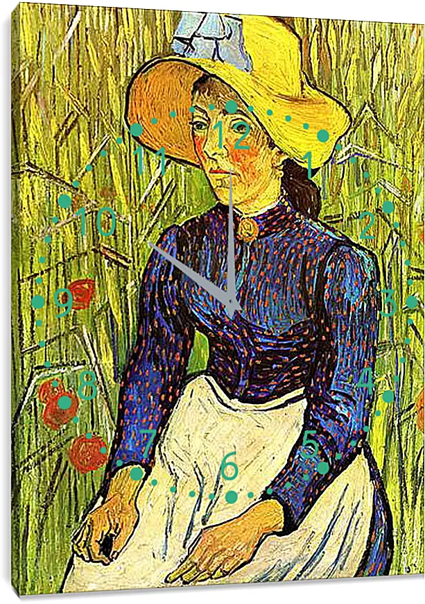 Часы картина - Young Peasant Woman with Straw Hat Sitting in the Wheat. Винсент Ван Гог