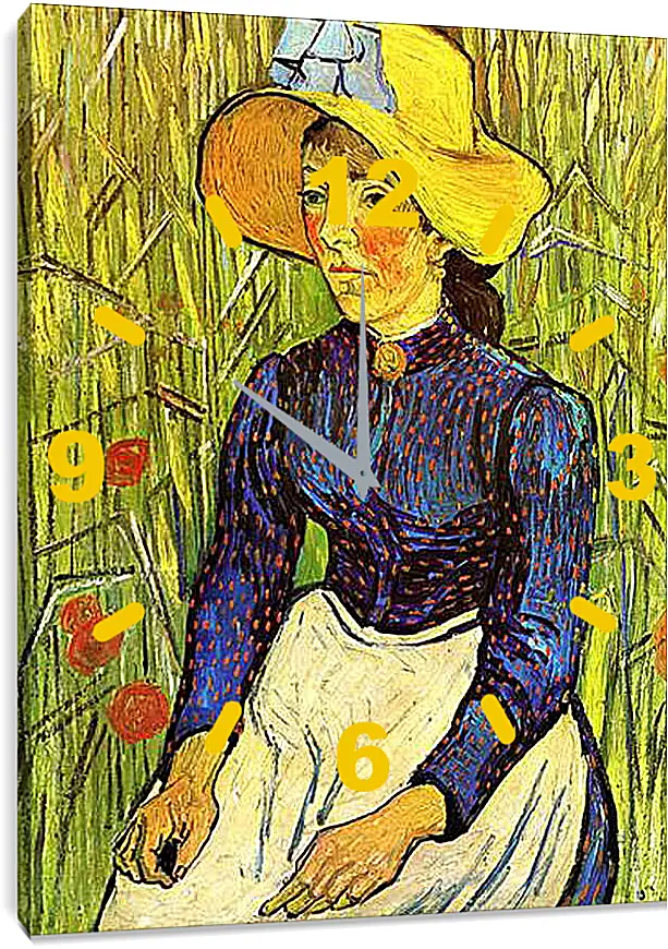 Часы картина - Young Peasant Woman with Straw Hat Sitting in the Wheat. Винсент Ван Гог