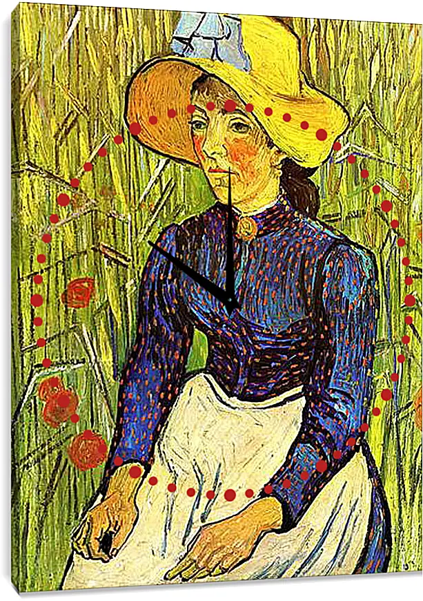 Часы картина - Young Peasant Woman with Straw Hat Sitting in the Wheat. Винсент Ван Гог