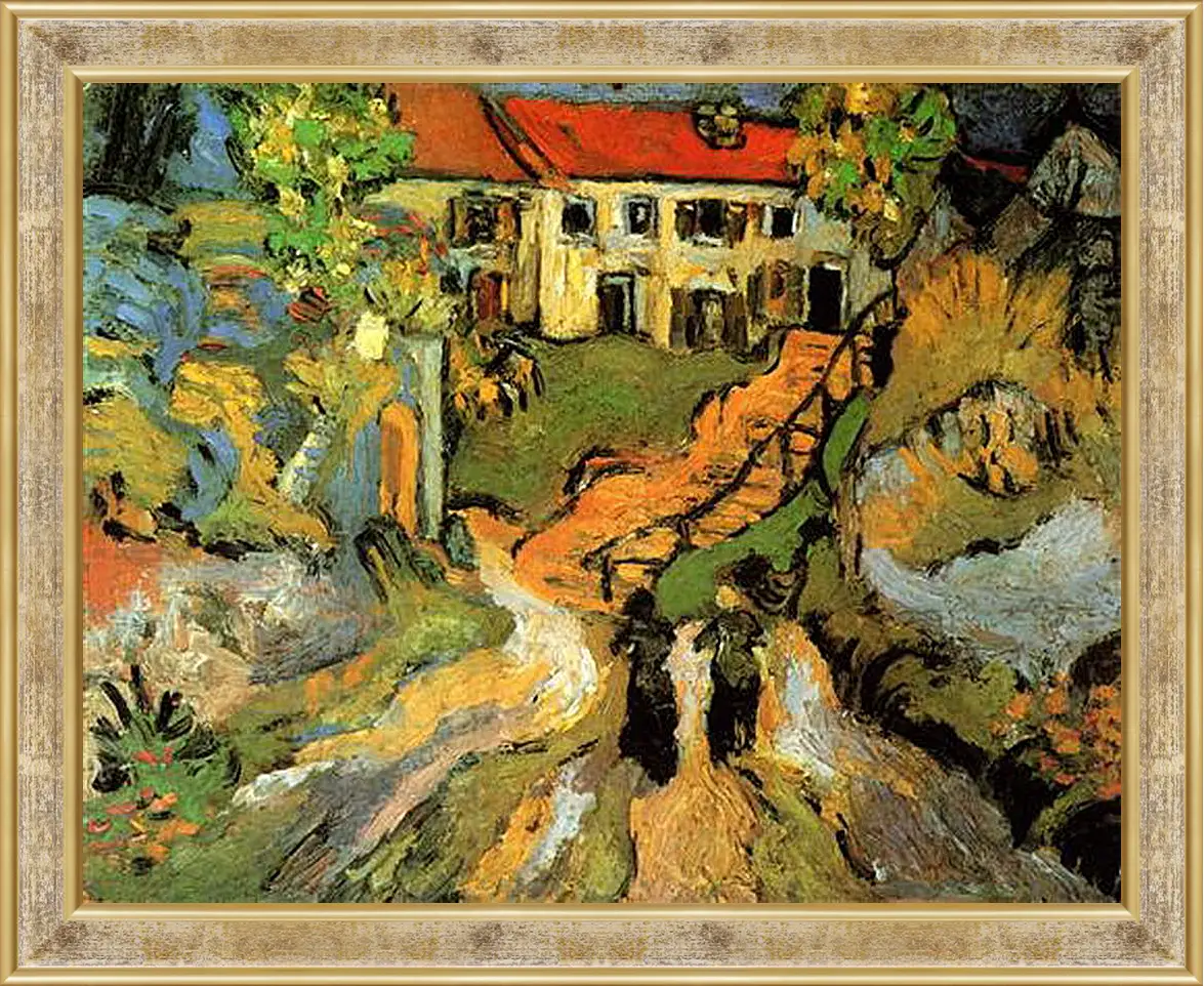 Картина в раме - Village Street and Steps in Auvers with Two Figures. Винсент Ван Гог