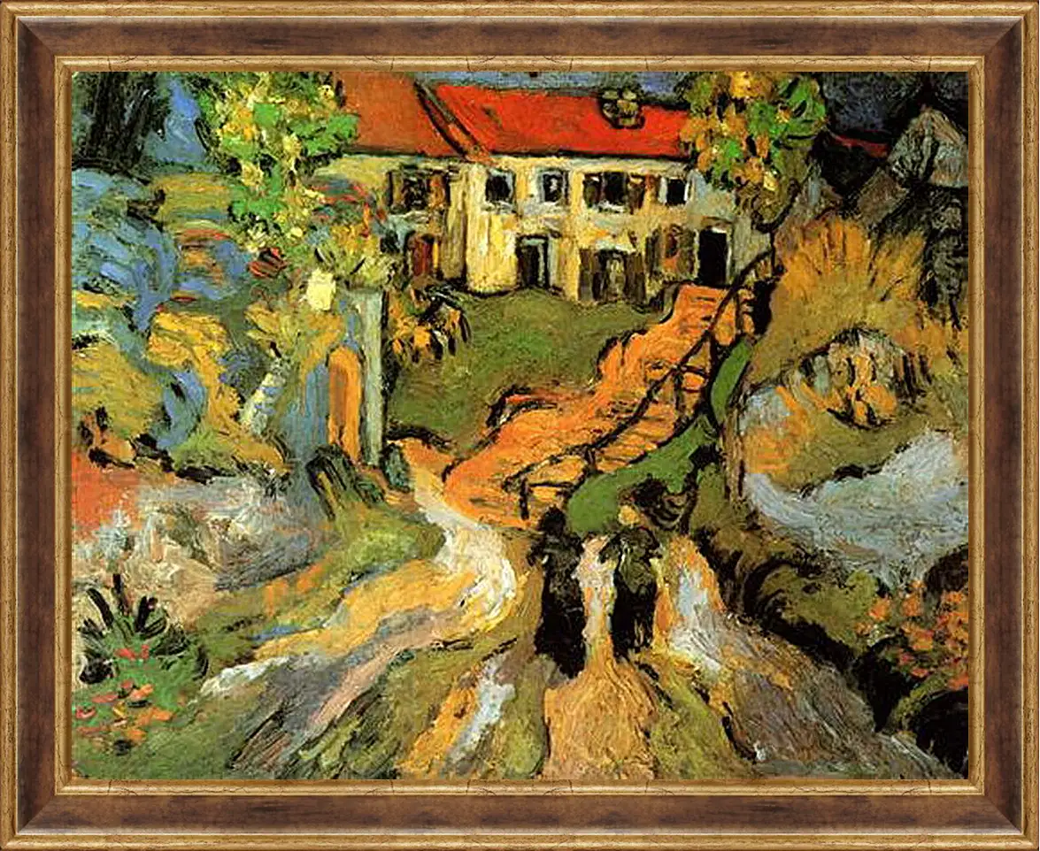 Картина в раме - Village Street and Steps in Auvers with Two Figures. Винсент Ван Гог