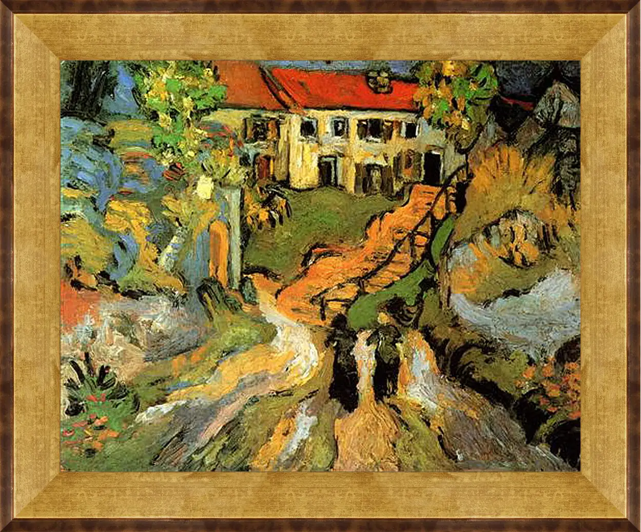 Картина в раме - Village Street and Steps in Auvers with Two Figures. Винсент Ван Гог