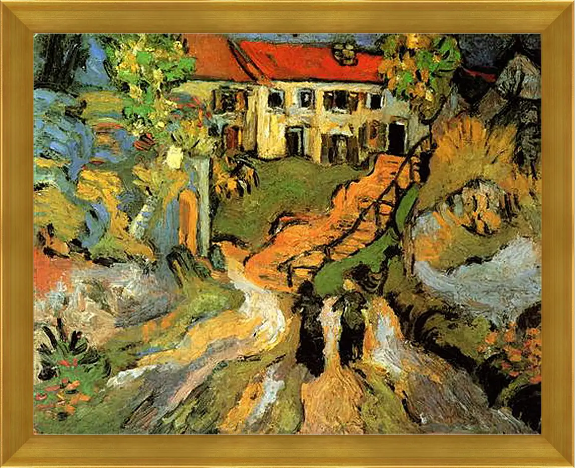 Картина в раме - Village Street and Steps in Auvers with Two Figures. Винсент Ван Гог