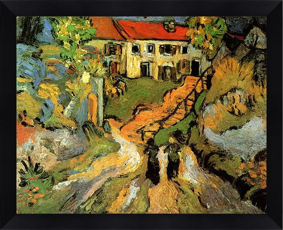 Картина в раме - Village Street and Steps in Auvers with Two Figures. Винсент Ван Гог